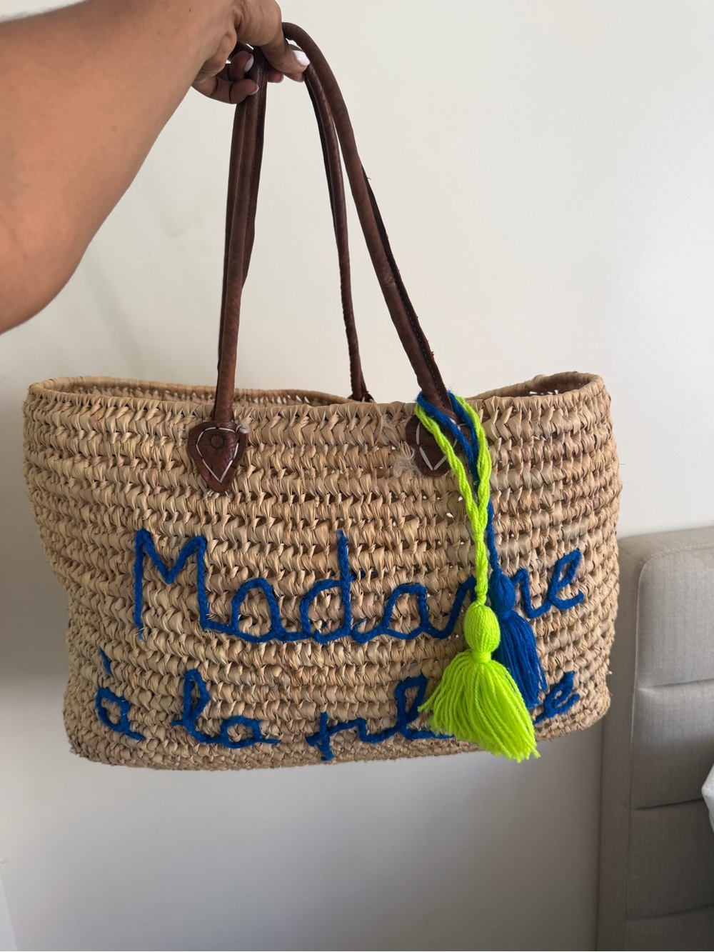 Woven Straw Tote Bag with Blue Script and Neon Tassels